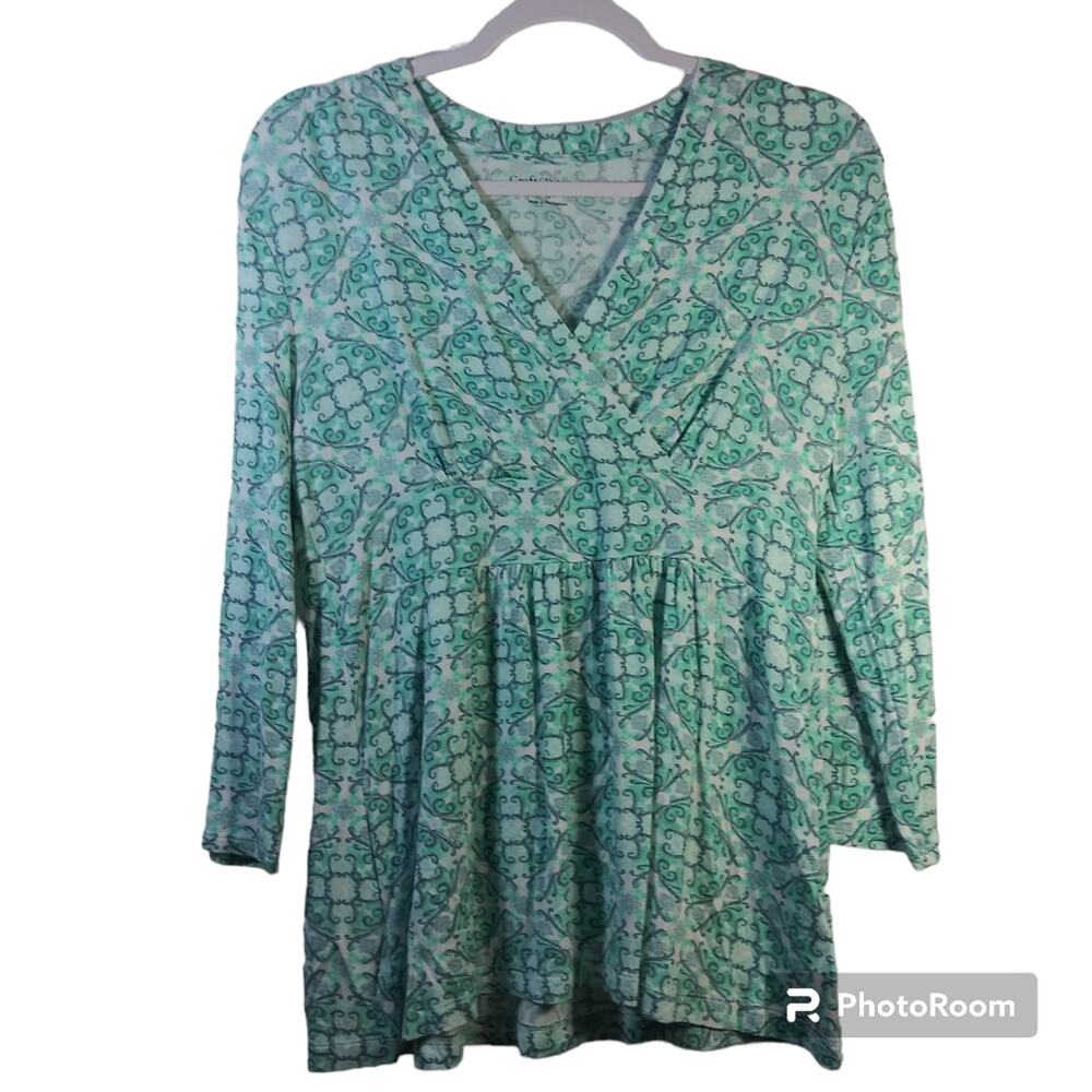 Croft And Barrow Surplice Neck Green Geometric Print Stretchy Top Size Small